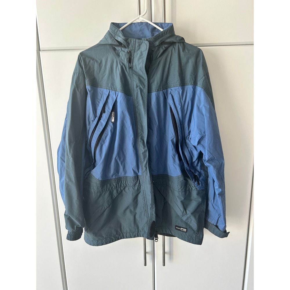 REI Vintage Gore-Tex Rain Jacket Blue Grey‎ Colorblock Hooded Shell Mens Large